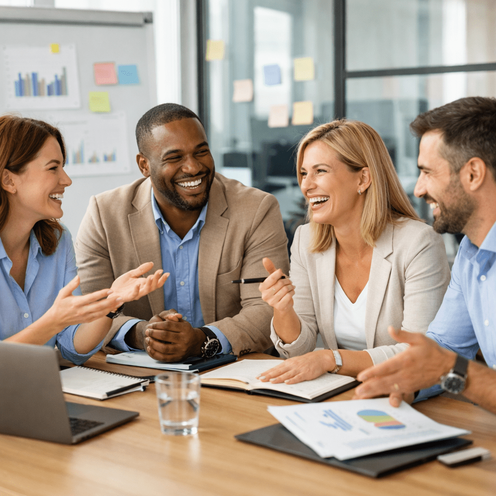 Four professionals in a meeting room laughing and discussing charts and notes