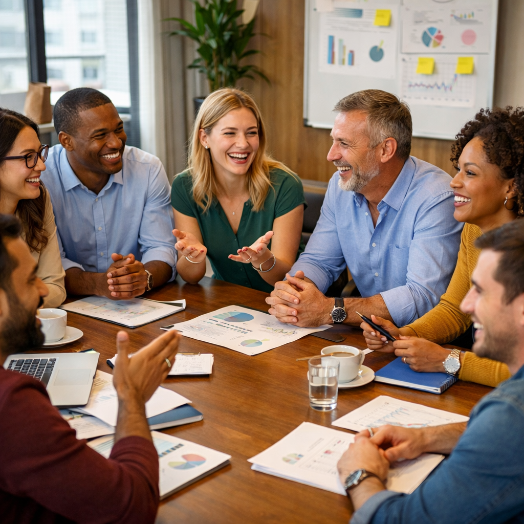 Many people positively discussing in work meeting
